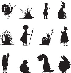Whimsical silhouettes of fairy tale characters and creatures including snails princesses and magical beings
