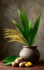 Traditional pongal harvest still life with fresh rice stalks in rustic clay pot, green leaves, raw rice and ginger roots on wooden table, celebrating tamil pongal festival, agriculture, abundance 