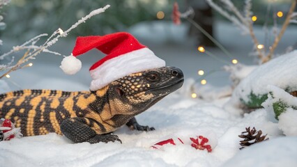 Christmas Gila Monster wearing Santa hat on snow holiday reptile portrait