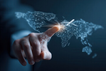 Hand points at a digital map of the world with a plane flying above different locations and connections marked on the surface