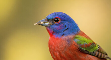 Fototapeta premium A vibrant male painted bunting bird with a blue head, red body, and green wings, holding a seed in its beak.