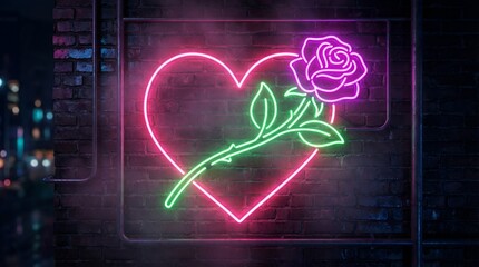 Neon Heart with Rose Romantic Wall Sign