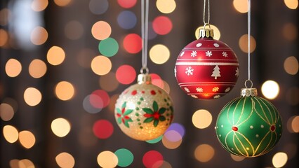 Christmas ornaments hanging on strings bokeh lights background