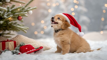 Christmas puppy cute dog santa hat snow pet animal holiday season festive adorable canine brown fur