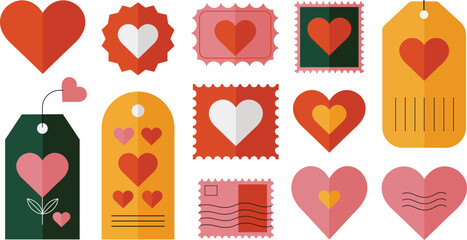 Valentine Love Icons Set with Hearts, Gift Tags and Postage Stamps