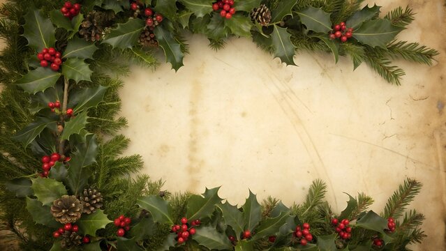 Christmas wreath border holly and berries on a vintage textured background - Powered by Adobe