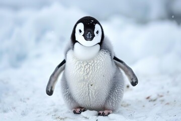 Baby emperor penguin standing on the snow in antarctica