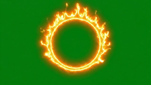 Animated fiery ring transitions on green background, circle flames growing and evolving, motion graphics elements with animation and fire and video and production