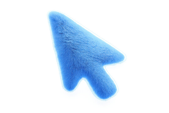 Blue fluffy fuzzy 3d computer mouse pointer arrow cursor, symbol of navigation, selection, and digital interface, on transparent background