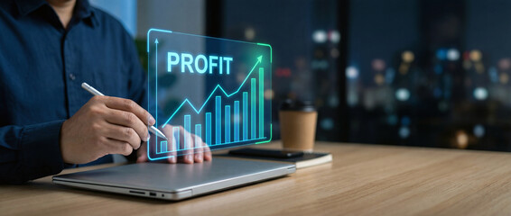 Businessman analyzing financial profit growth graph on futuristic virtual interface in office at night