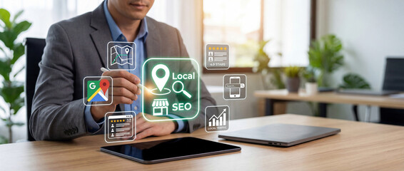 Businessman analyzing Local SEO strategy on tablet with holographic location icons and digital marketing data