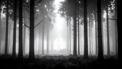 Misty Forest Path with Tall Trees and Bright Light.