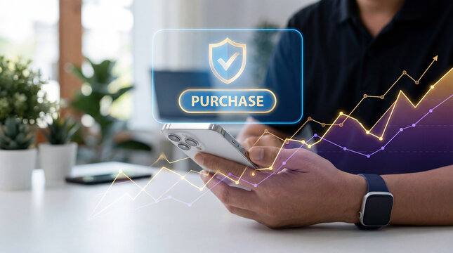 Man using smartphone for secure online purchase with digital financial graphs and security shield overlay - Powered by Adobe