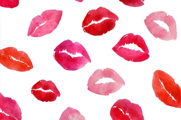 Charming watercolor pattern featuring vibrant kiss marks in shades of red and pink on a clean white background