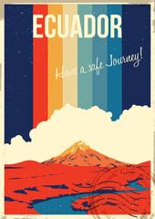 Main Ecuador Attraction Cotopaxi and Cajas National Parks. Majestic Mountain and Landscape. Retro Postcard Style Illustration. 1970s, 1980s Color Lines, Aged Texture Frame