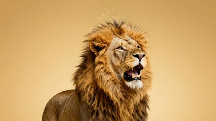 Portrait of a powerful African lion looking puzzled, isolated on a beige background and overlooked by a thin cloud of glitter.