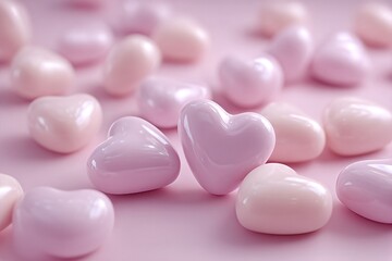 Soft pink background featuring glossy heart shapes symbolizing love and affection for Valentine's Day