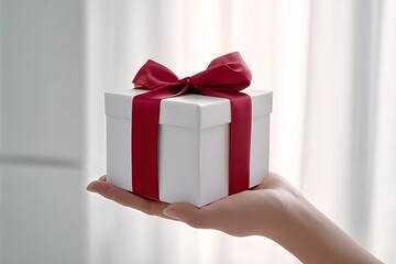 Elegant gift box with red ribbon held by hand against soft light backdrop for Valentine's Day celebration