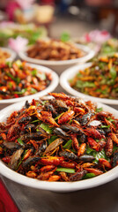 Fototapeta premium Variety of Fried Edible Insects and Bugs Served in White Bowls at an Asian Night Market, Traditional Exotic Street Food Featuring Crispy Crickets and Grasshoppers Rich in Protein and Nutrients