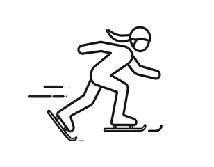 Black and white line drawing of a person in motion, ice skating with a head covering, skates, and speed lines