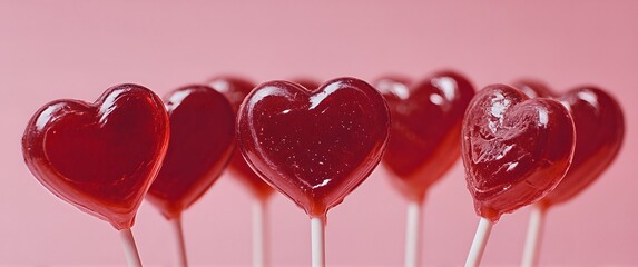 Charming display featuring vibrant heart-shaped lollipops against soft pink backdrop for Valentine's Day celebration