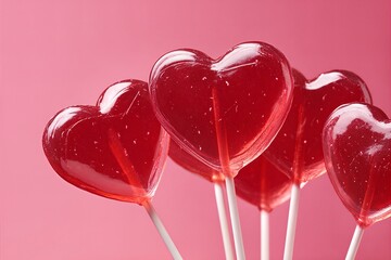 Colorful heart-shaped lollipops arranged against vibrant pink backdrop for Valentine's Day celebration