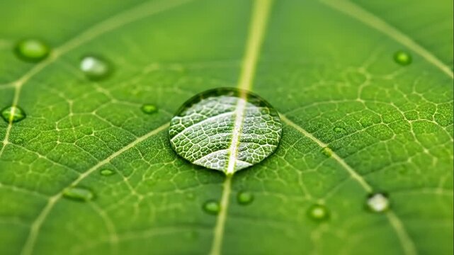 Macro shot of a water droplet on a vibrant green leaf surface with intricate vein patterns visible.