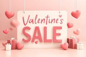 Valentine's Day sale display featuring pink hearts and gift boxes on soft pastel background