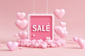 Valentine's Day sale featuring pink heart balloons and decorative sign in soft pastel background