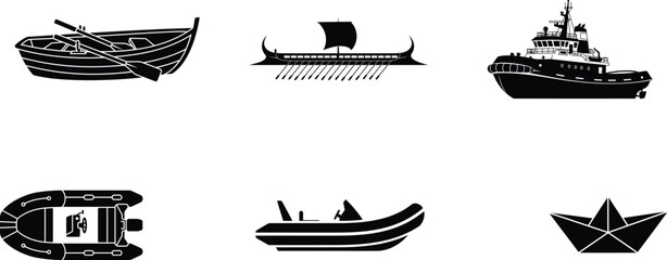 collection of various boat types and vessels in black silhouette on white background © Saidurra12