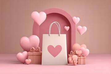 Romantic setting featuring pink heart-shaped decorations with gift boxes for Valentine's Day celebration