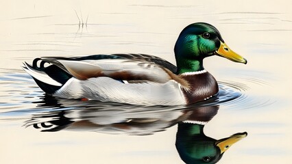 A beautiful mallard duck with a green head and yellow beak swimming gracefully on calm water, reflecting its image perfectly.