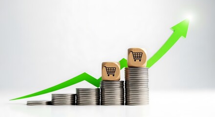 Stacks of silver coins with shopping cart blocks illustrate rising consumer spending and economic growth trend