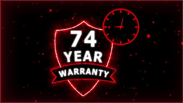 Neon Glowing Shield Badge with 74 Year Warranty Text and Clock Animation on black Futuristic Background.