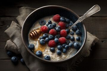 Warm oatmeal porridge bowl with fresh blueberries and honey
