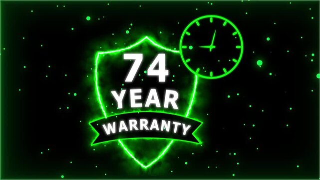 Neon Glowing Shield Badge with 74 Year Warranty Text and Clock Animation on black Futuristic Background.