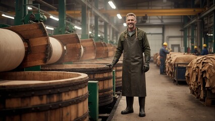 Confident male worker in leather tannery. Proud craftsman smiling in factory with industrial machinery for hide production