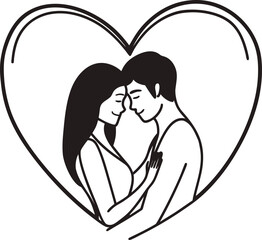 Minimalist line art illustration of a romantic couple embracing inside a heart frame.