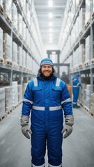 Smiling worker in blue uniform at cold storage warehouse. Vertical portrait of happy male employee in large freezer. Logistics and supply chain industry