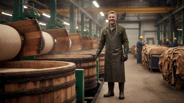 Confident male worker in leather tannery. Proud craftsman smiling in factory with industrial machinery for hide production