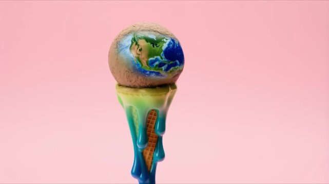 Une boule de glace en forme de globe terrestre fondant dans un cornet gaufr&eacute;, symbolisant le r&eacute;chauffement climatique. 