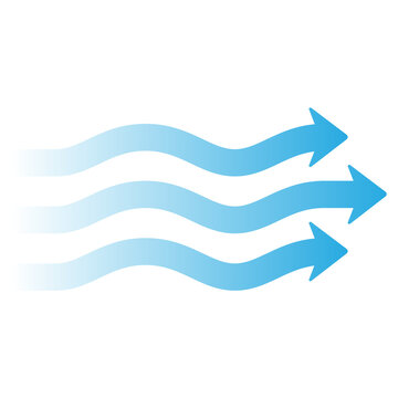 Blue Air Flow Arrow Icon, Wavy Wind Lines with Direction Arrows, Ventilation and HVAC Symbol, Clean Minimal Vector Style, Motion and Breeze Concept, Isolated on White Background