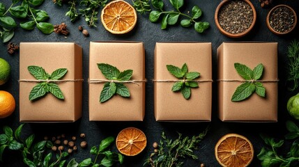 Brown gift boxes with string and mint leaves on dark, herbal decorated background. Ideal for showcasing sustainable, eco-friendly gifts or natural product packaging.
