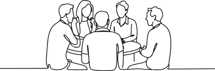 Business team meeting continuous line drawing. Friends in cafe contour vector illustration.