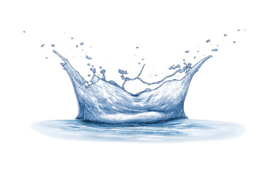 Water splash liquid forming a crown shape on surface, creating ripples with falling drops, transparent background