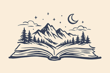 Open book mountain landscape ink sketch vector illustration