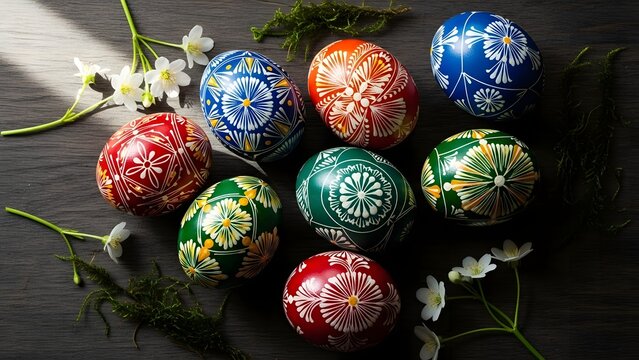 Beautifully decorated Pysanky Easter eggs with intricate patterns and vibrant colors, surrounded by delicate white flowers and green moss.