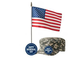 American flag and military cap with memorial day badges, isolated on transparent background