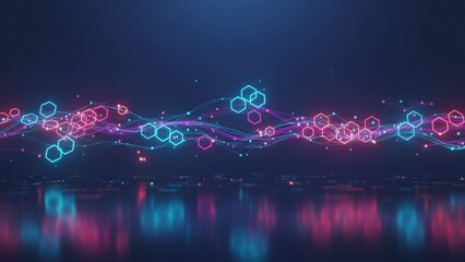 Futuristic technology background with glowing neon hexagons and waves reflecting on dark surface