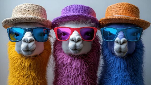 Three llamas wearing hats and sunglasses pose together in a vibrant setting with bright colors